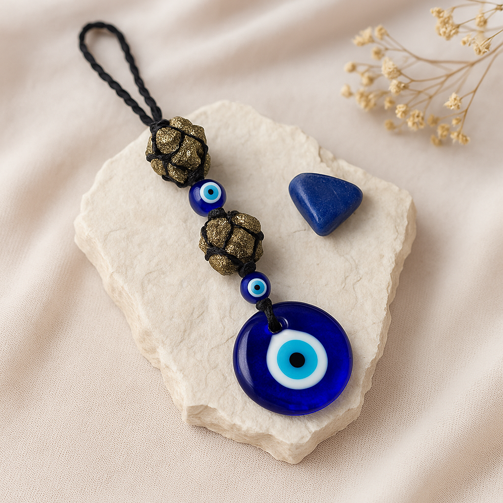 Evil Eye + Raw Pyrite – Dual Protection Nazar Charm